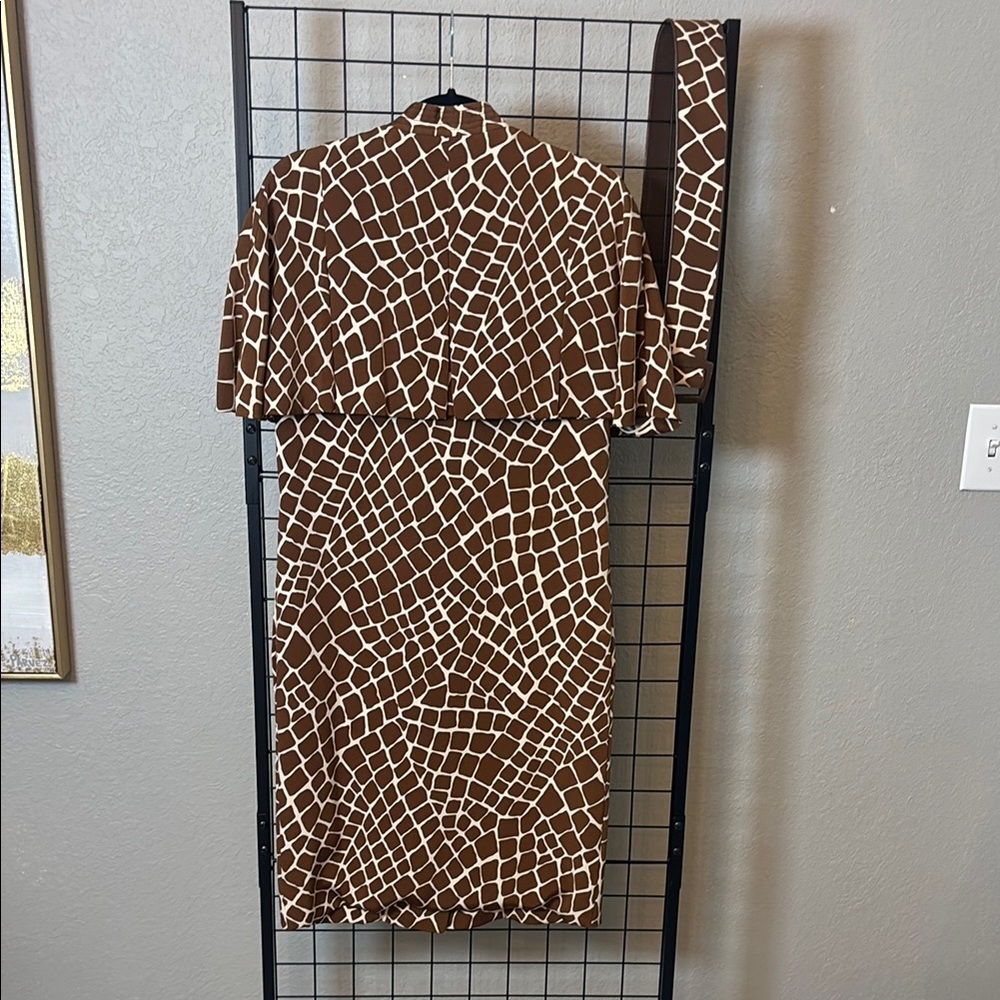 Vintage Brown Giraffe-Print Midi Dress with Matching Belt - Picture 2 of 7